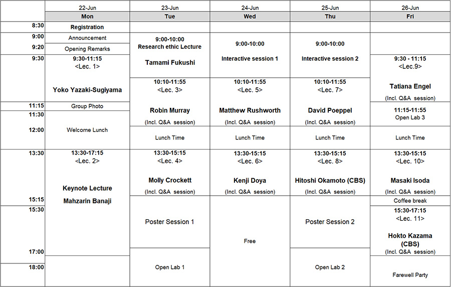 Lecture Schedule | IBRO-RIKEN CBS Summer Program | RIKEN Center for